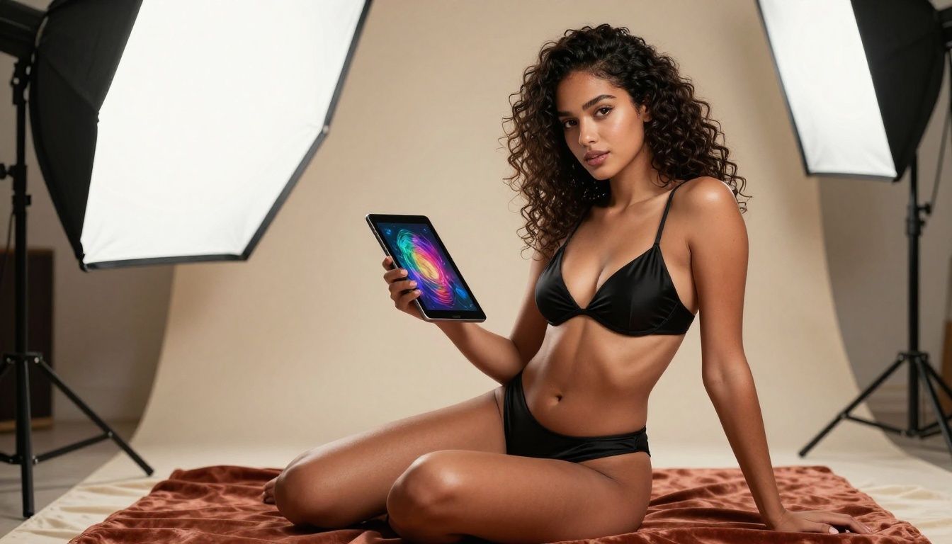 Stunning woman with dark curly hair in studio setting, holding a glowing tablet displaying colorful AI artwork