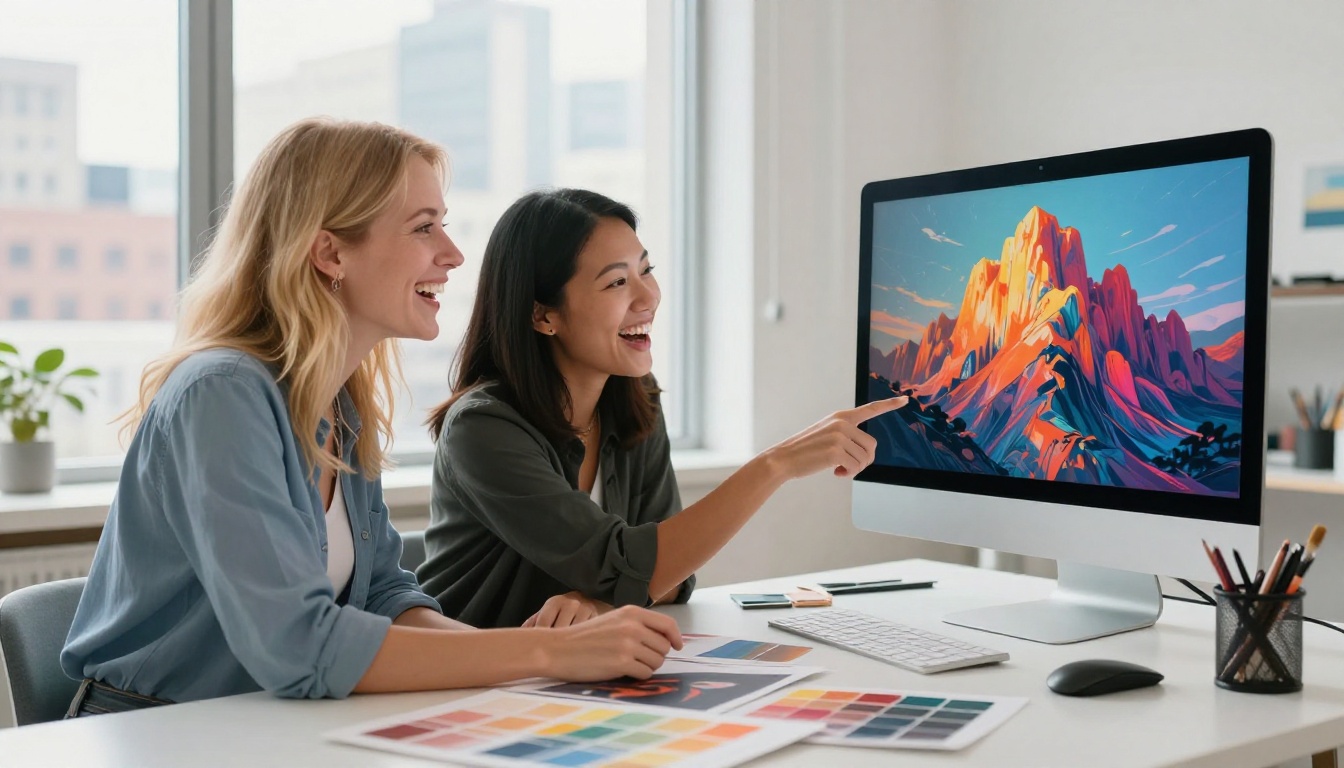 Two women at a bright white creative studio desk, both leaning toward a curved monitor displaying vibrant AI-generated art