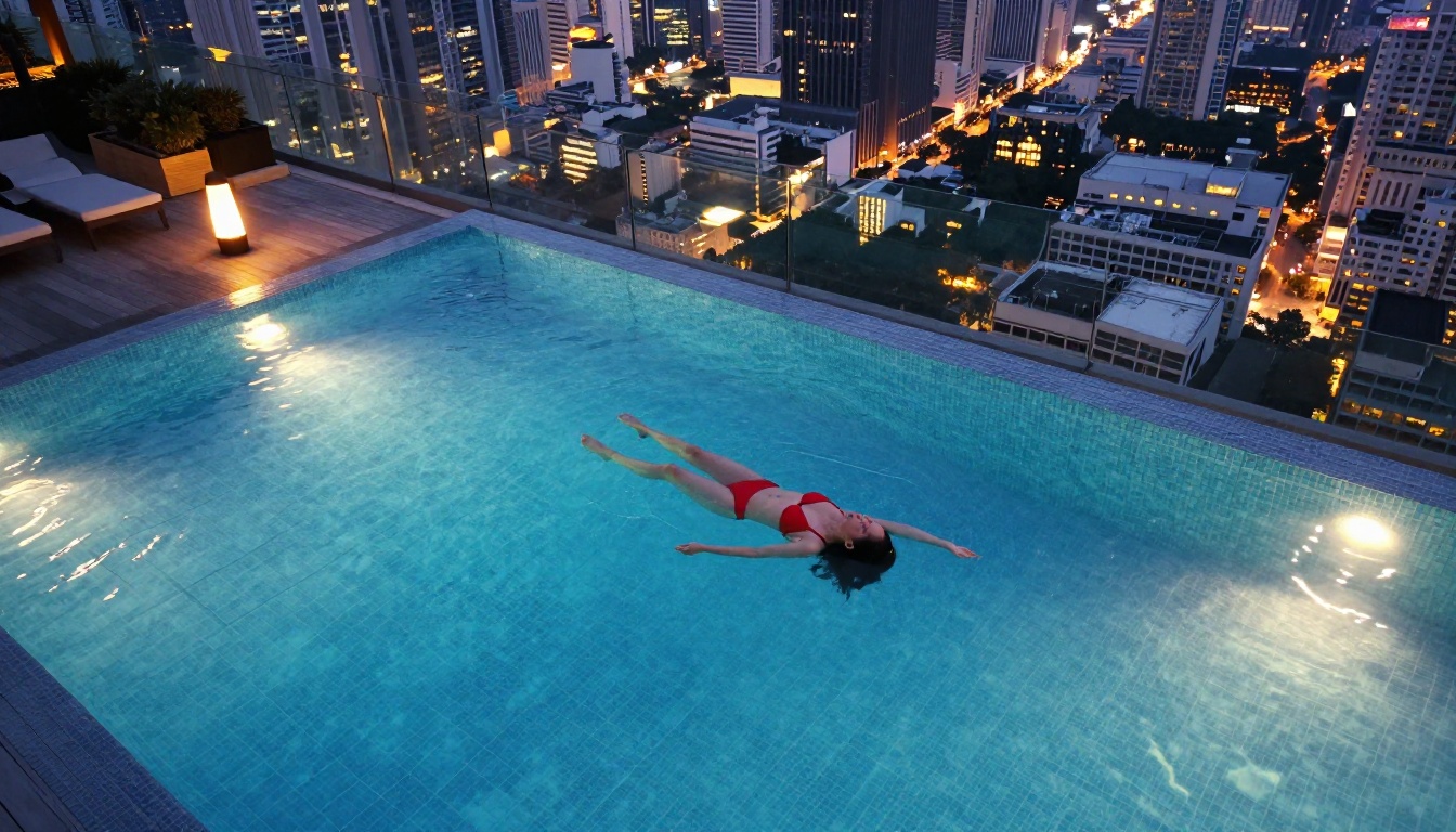Aerial overhead shot of luxury rooftop infinity pool at dusk, woman in red bikini floating in crystal blue water, glowing city skyline below