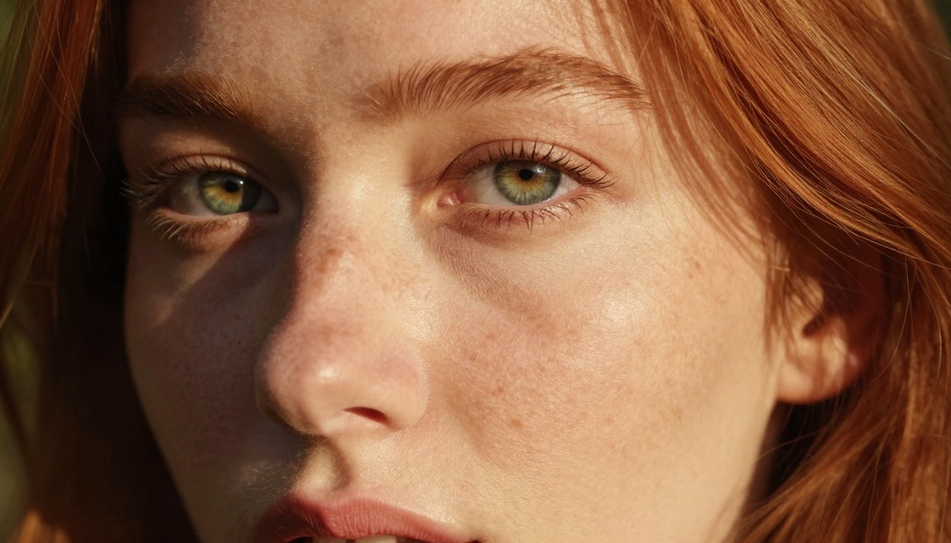 Ultra-close-up portrait of a woman with striking green eyes, dramatic afternoon light splitting her face into light and shadow