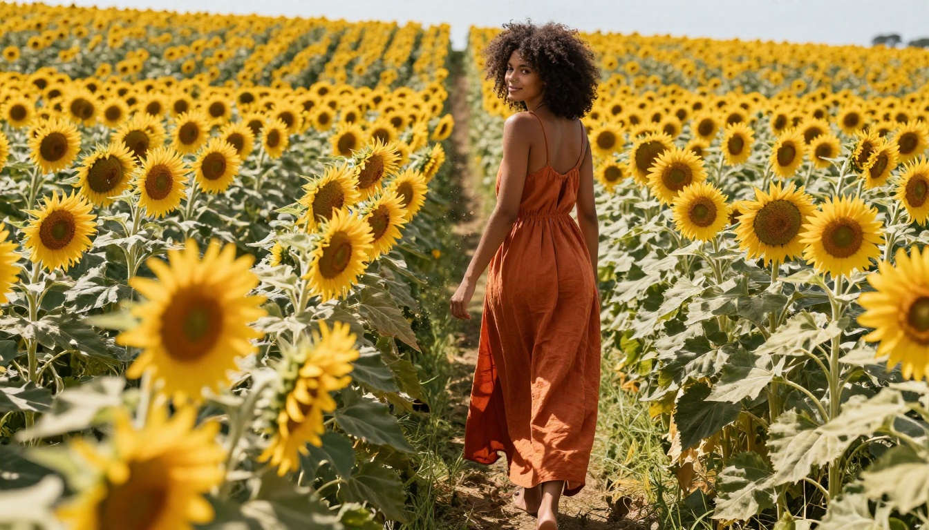 Tall woman with natural afro hair in rust-orange maxi dress walking through a sunflower field at midday, warm overhead sunlight