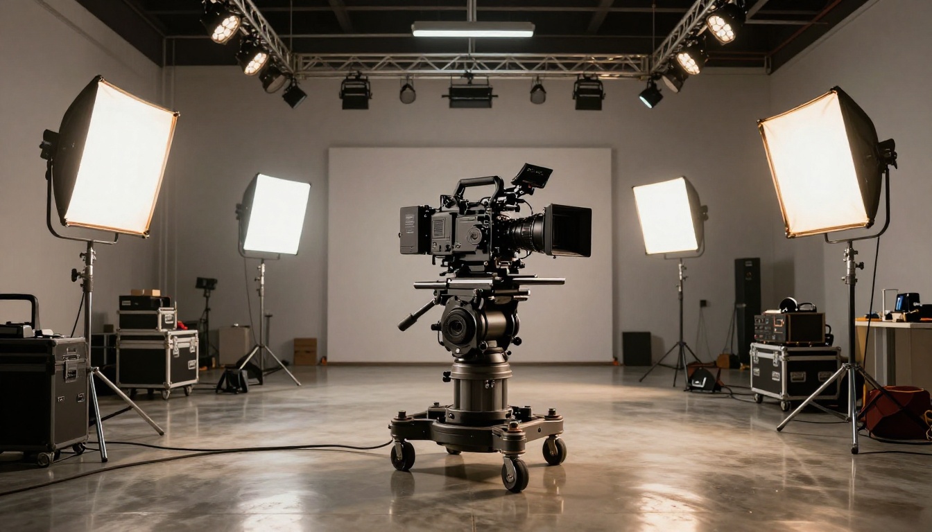 Professional film studio interior with a cinema camera on a dolly track and overhead lighting rigs Professional film studio interior with a cinema camera on a dolly track and overhead lighting rigs
