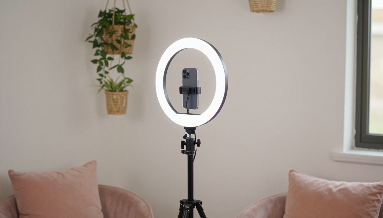 Home studio setup with ring light and smartphone