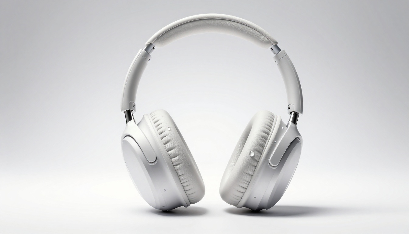 Elegant wireless headphones on a minimalist white surface with professional product lighting Elegant wireless headphones on a minimalist white surface with professional product lighting