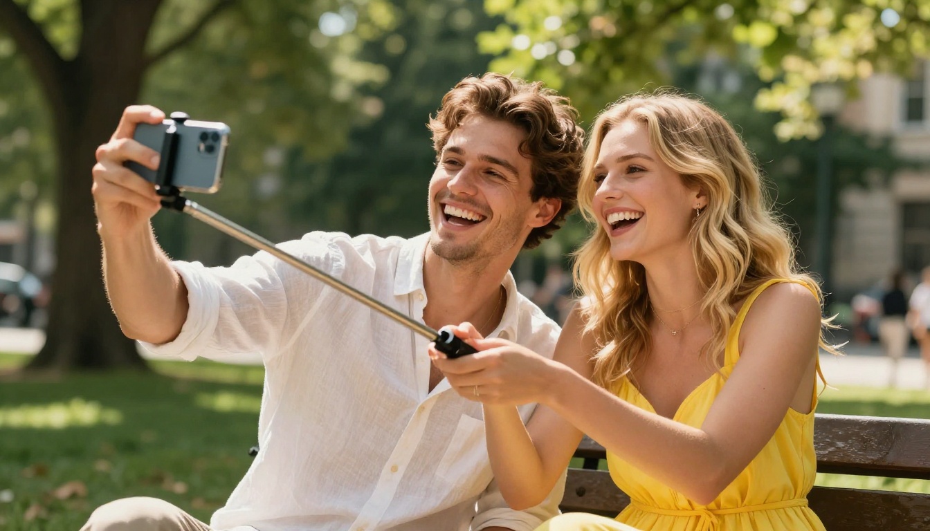 Couple filming outdoor content with a selfie stick
