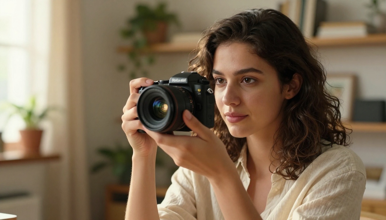 Young woman content creator recording in a warmly lit home studio, holding a mirrorless camera Young woman content creator recording in a warmly lit home studio, holding a mirrorless camera