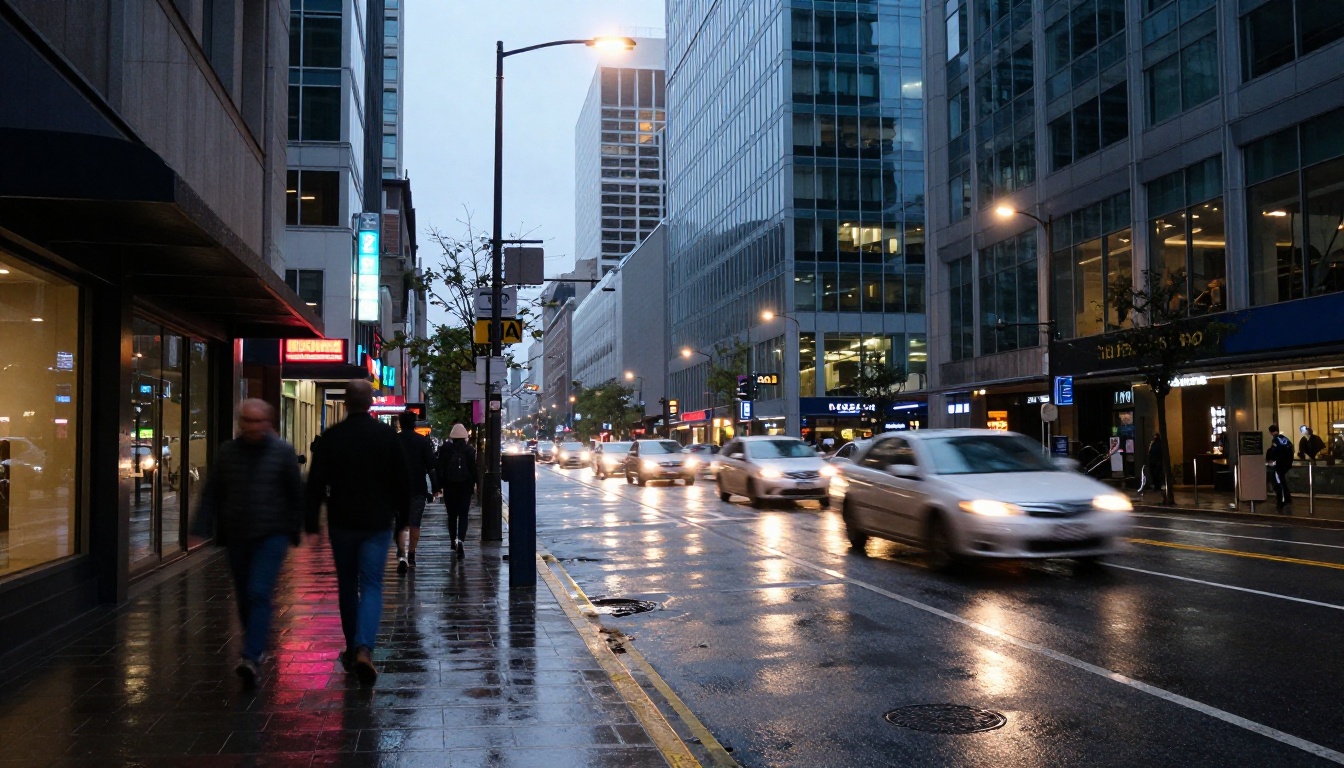 Low-angle city street at dusk with motion-blurred traffic and urban canyon of glass office buildings Low-angle city street at dusk with motion-blurred traffic and urban canyon of glass office buildings