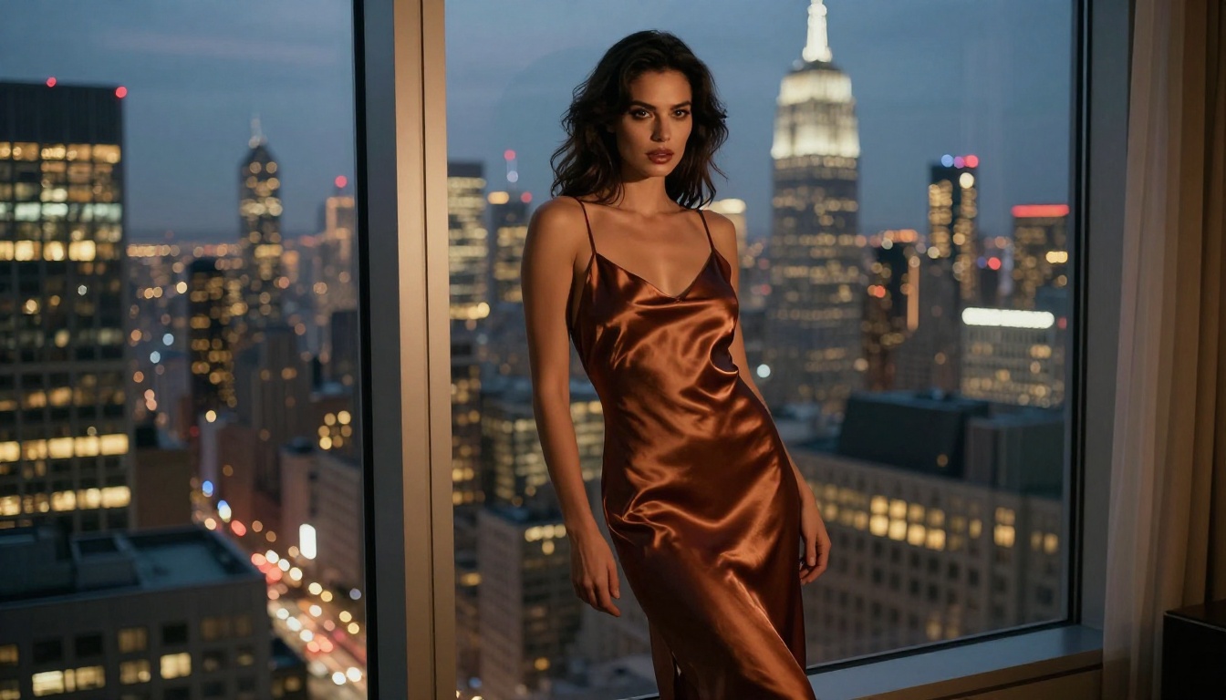 Glamour brunette penthouse NYC skyline photorealistic Glamour brunette penthouse NYC skyline photorealistic