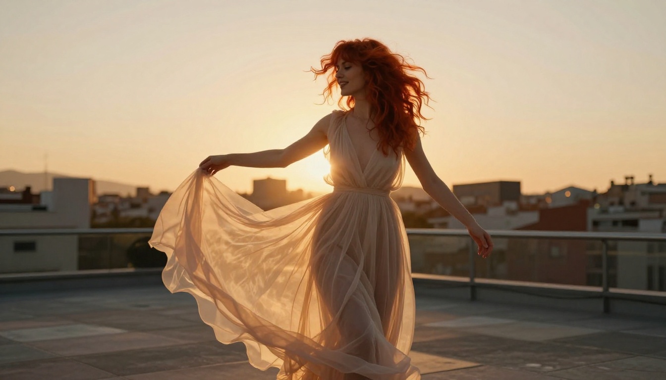 Fashion redhead rooftop Barcelona golden hour photorealistic Fashion redhead rooftop Barcelona golden hour photorealistic