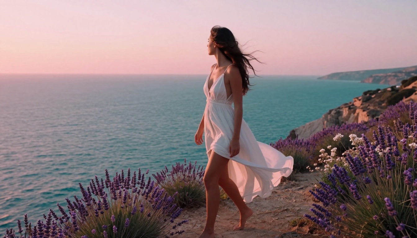 Mediterranean cliff sunrise woman photorealistic RAW 8K Mediterranean cliff sunrise woman photorealistic RAW 8K