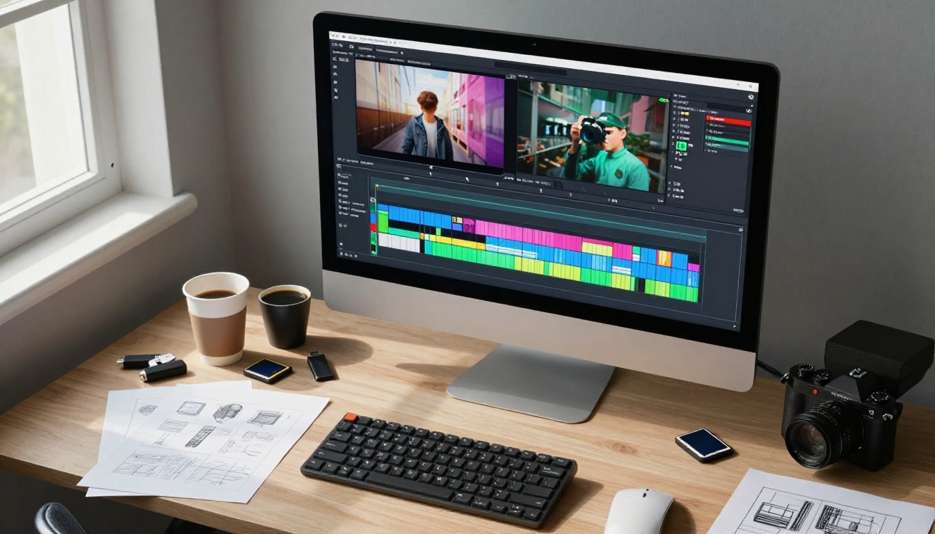 Filmmaker's aerial desk view with video editing timeline on monitor and storyboard sheets scattered below