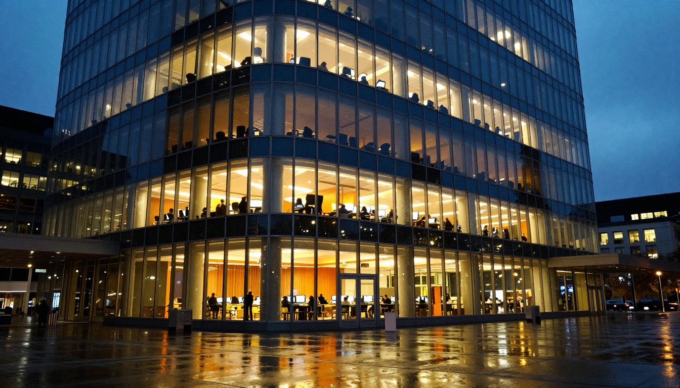 Glass office building at dusk with warm interior lights visible through floor-to-ceiling windows
