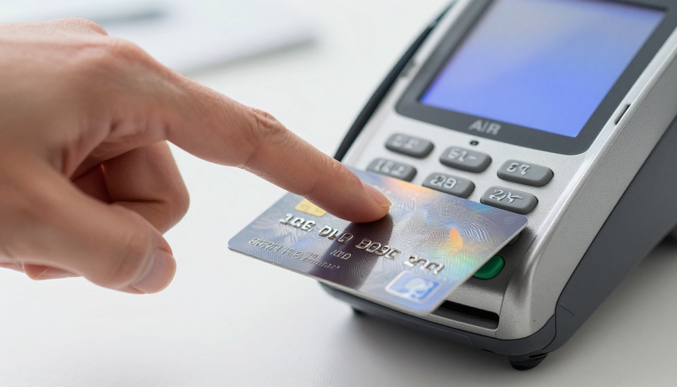 Macro close-up of finger hovering over credit card at payment terminal deciding to upgrade