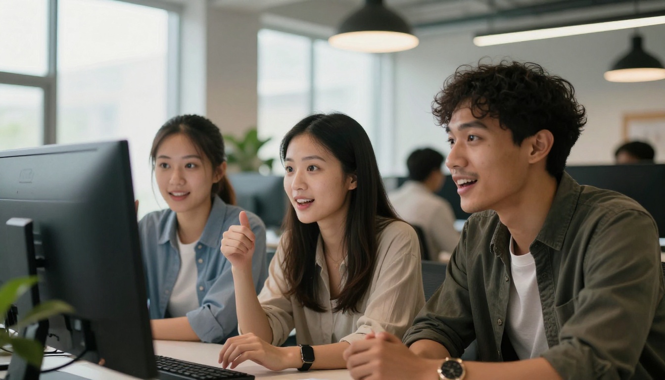 Three diverse professionals gathered around a widescreen monitor watching AI video results with engaged expressions