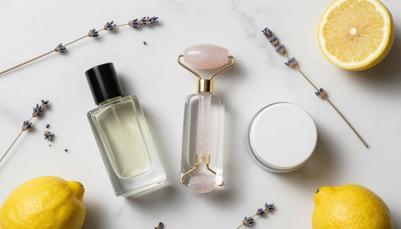 Aerial flat lay of beauty products including glass perfume bottle and rose quartz roller on white Carrara marble Aerial flat lay of beauty products including glass perfume bottle and rose quartz roller on white Carrara marble