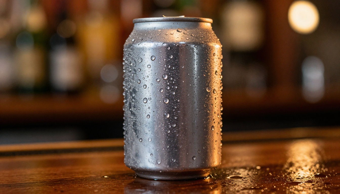 Close-up macro of cold craft beer can with condensation water droplets on dark wet oak bar top Close-up macro of cold craft beer can with condensation water droplets on dark wet oak bar top