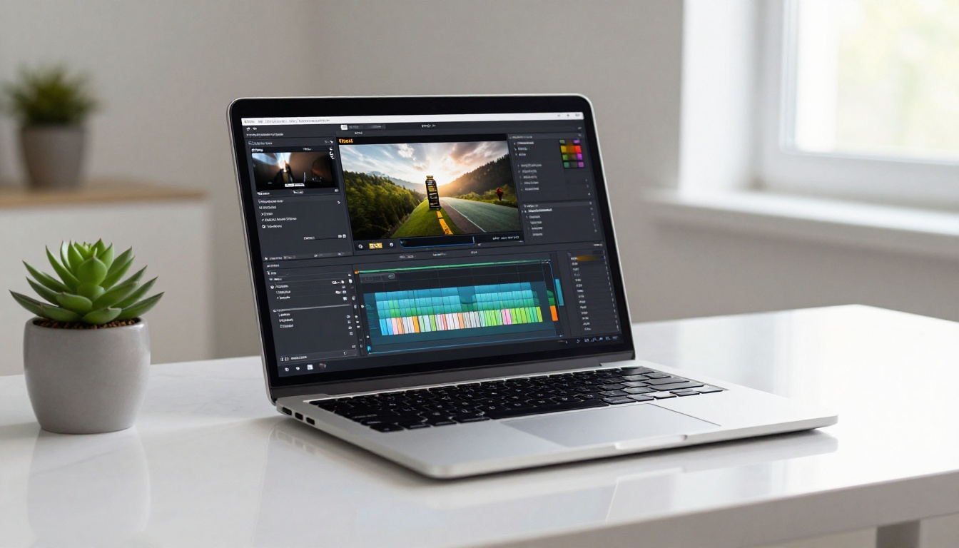 Laptop screen displaying a product advertisement video editing interface on white marble desk Laptop screen displaying a product advertisement video editing interface on white marble desk