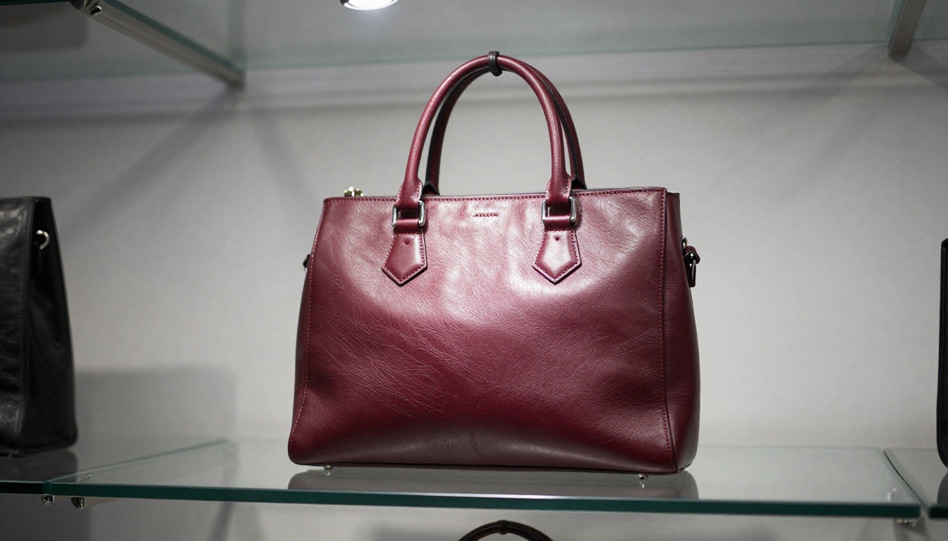 Low-angle shot of structured burgundy leather handbag displayed on frosted glass shelf under showroom spotlights Low-angle shot of structured burgundy leather handbag displayed on frosted glass shelf under showroom spotlights