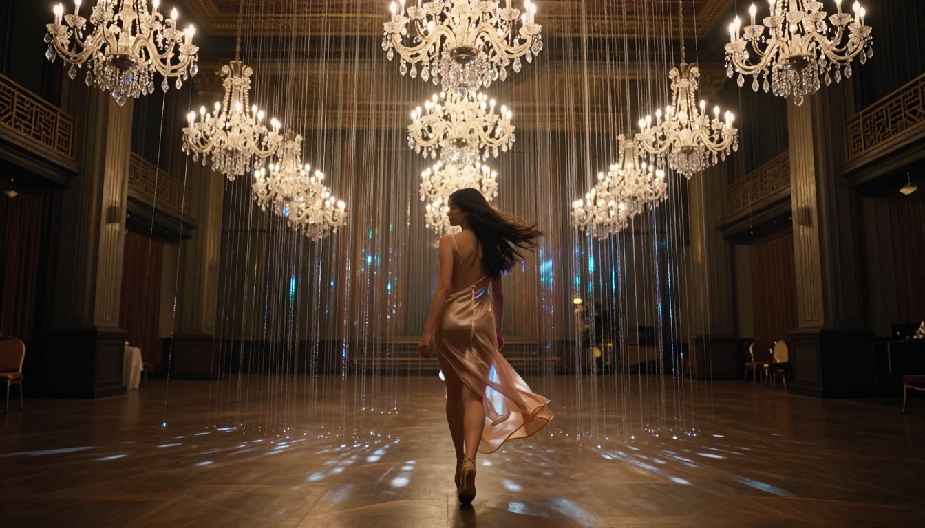 Woman in champagne dress walking through darkened ballroom