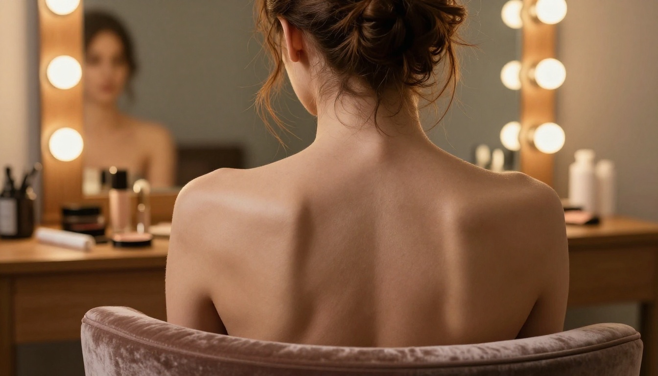 Bare back and neck in warm vanity mirror dressing room
