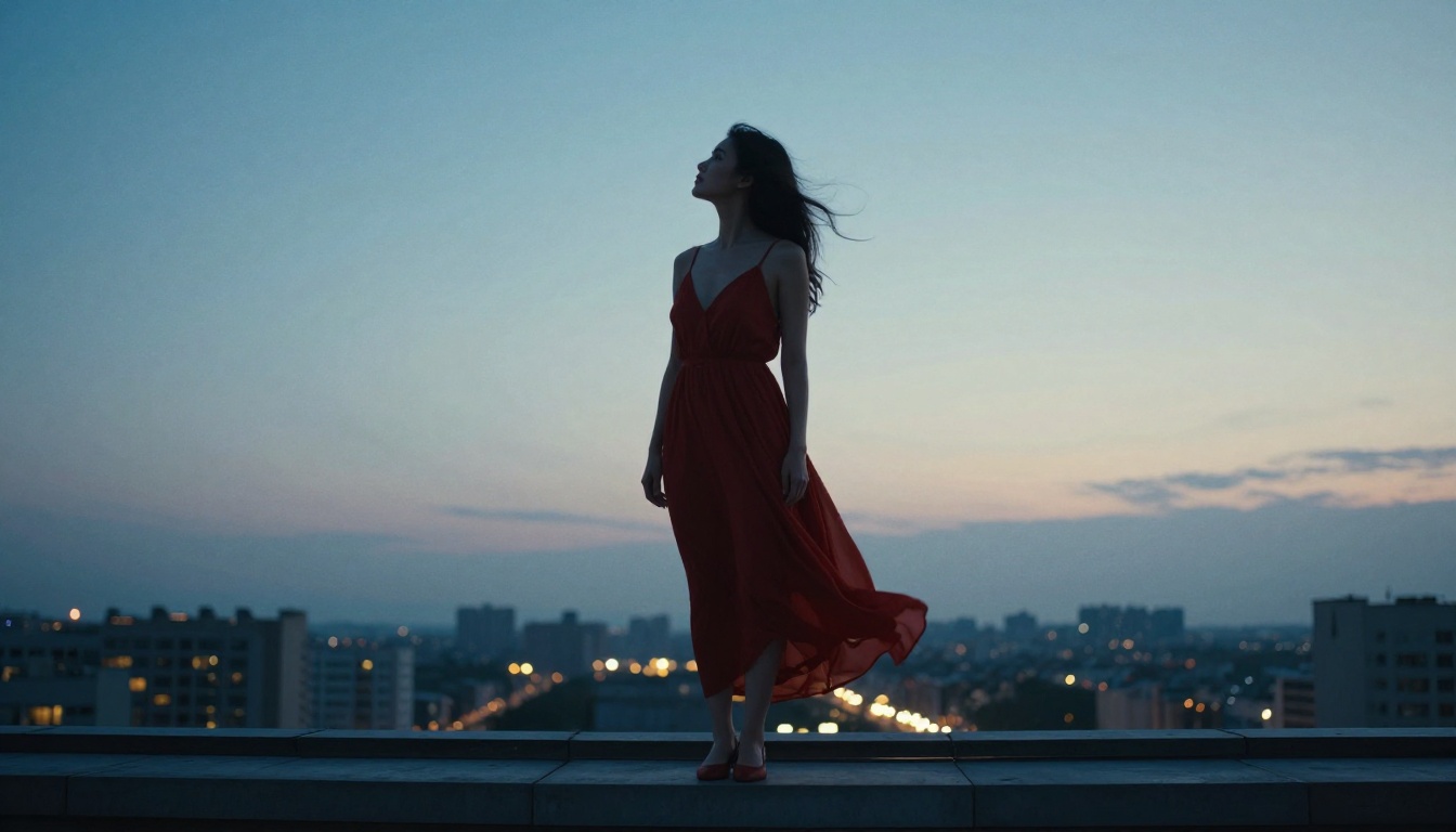 Woman in red sundress on rooftop at blue hour