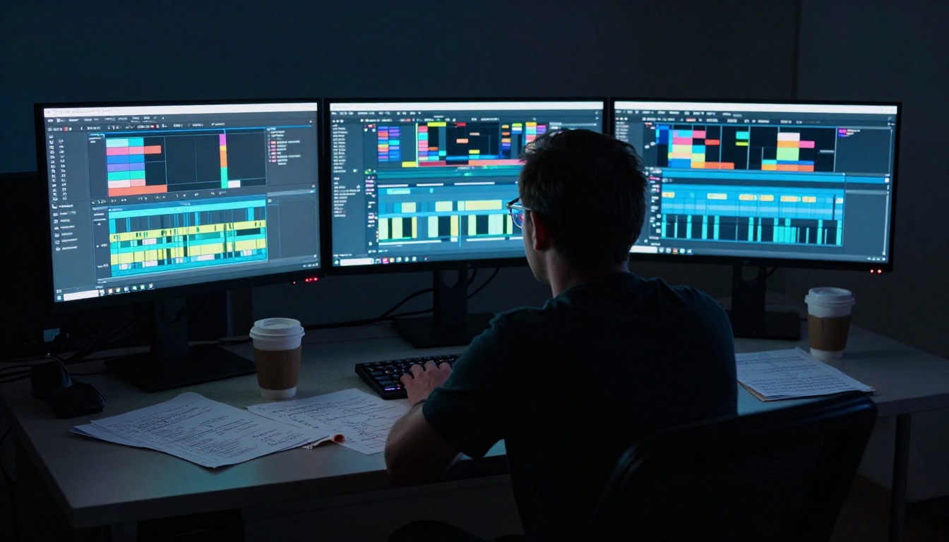 Professional video editor working at multi-monitor setup at midnight