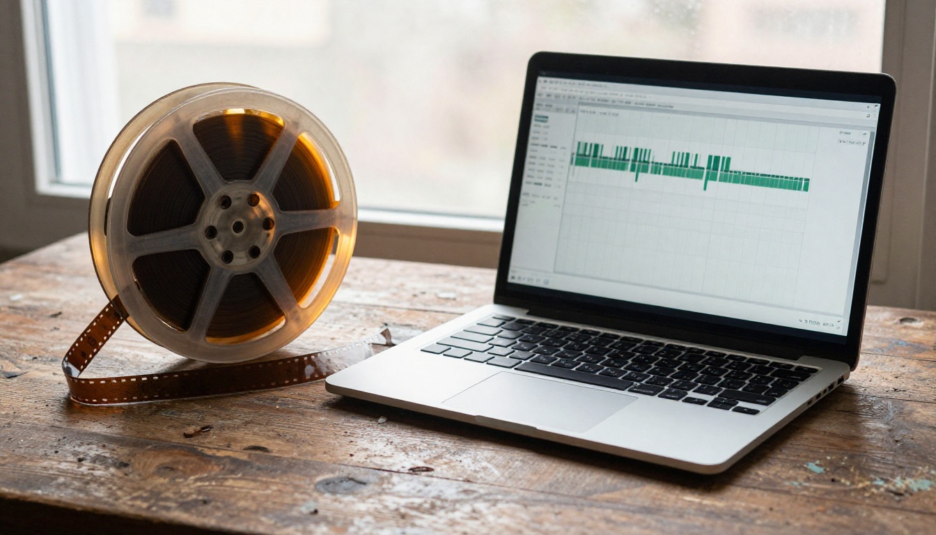 Vintage analog film reel beside laptop showing video waveform editing interface