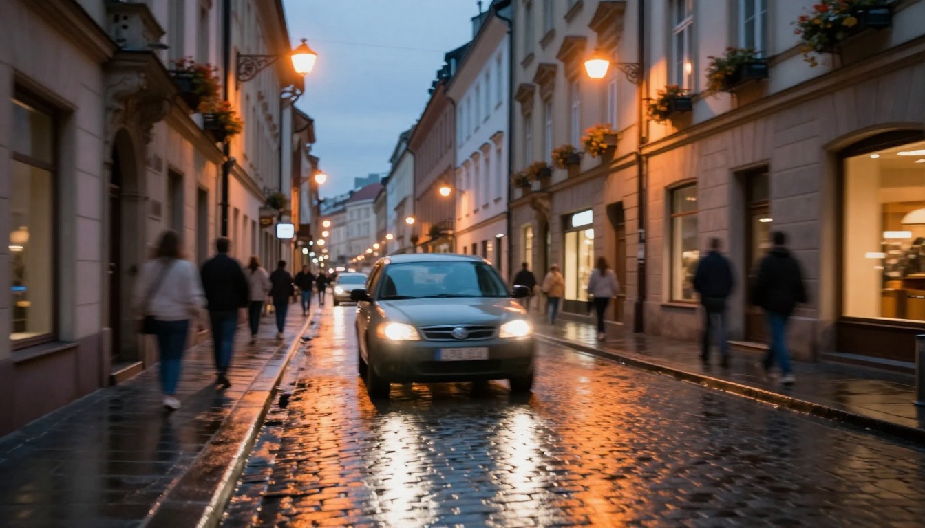 Dramatic chase scene racing through wet cobblestone European street at twilight