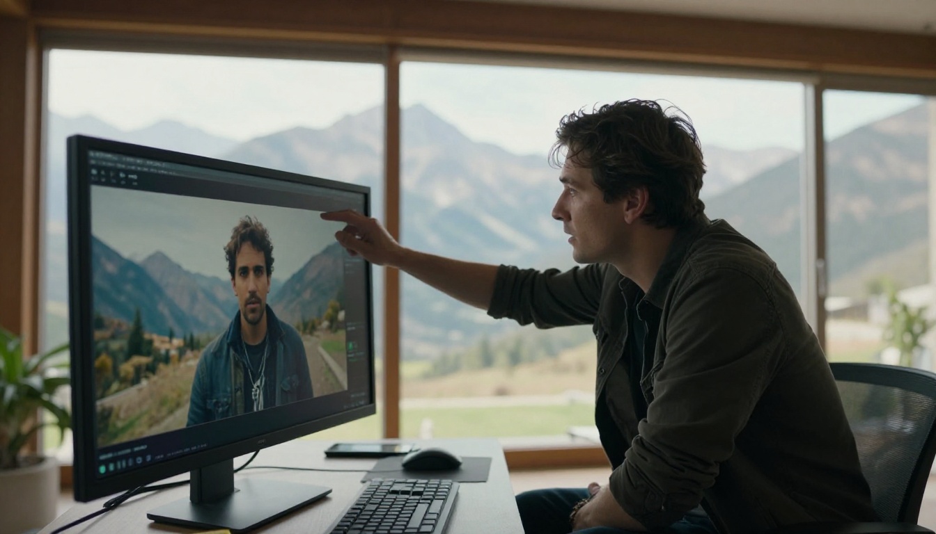 Film director reviewing footage on monitor at on-location shoot with mountain views through window Film director reviewing footage on monitor at on-location shoot with mountain views through window