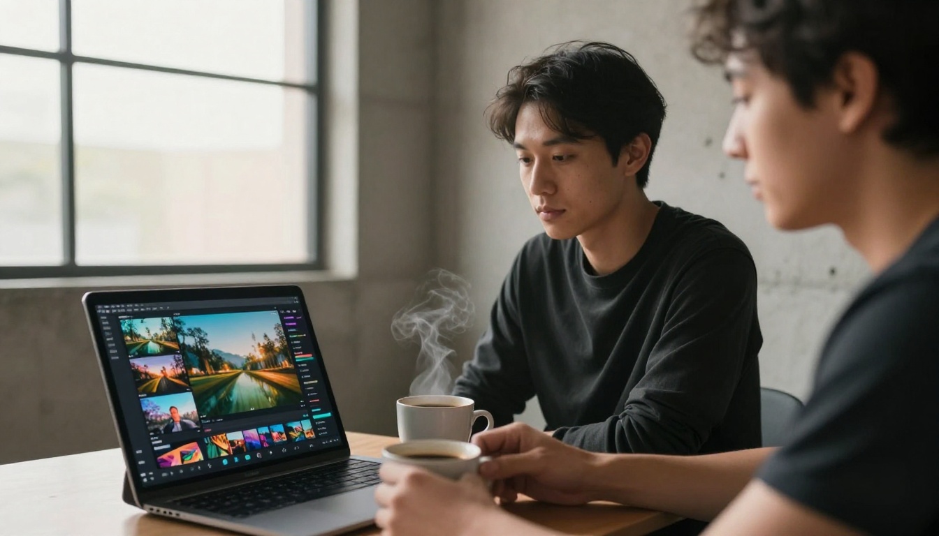 Two creative professionals reviewing AI-generated video on tablet at concrete workspace