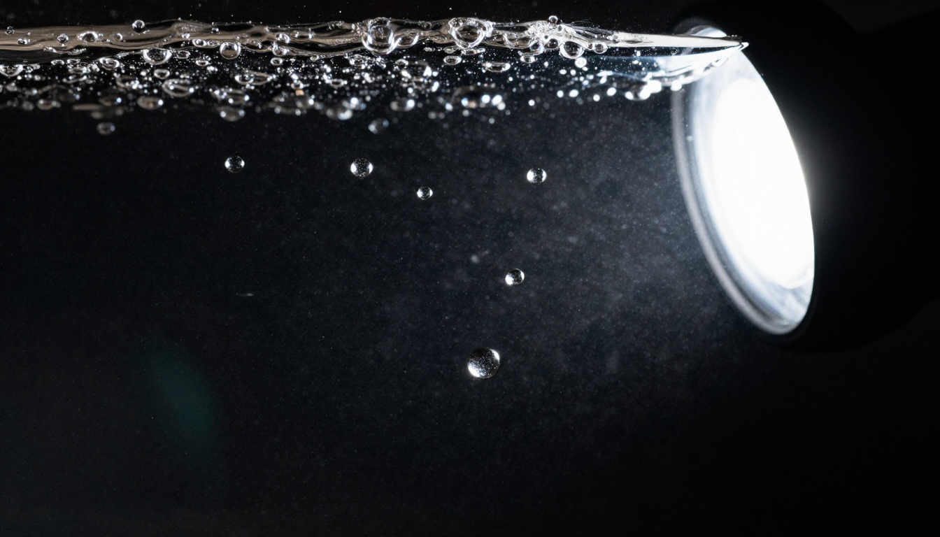 Water droplets suspended mid-air in macro studio setup with single strobe light Water droplets suspended mid-air in macro studio setup with single strobe light