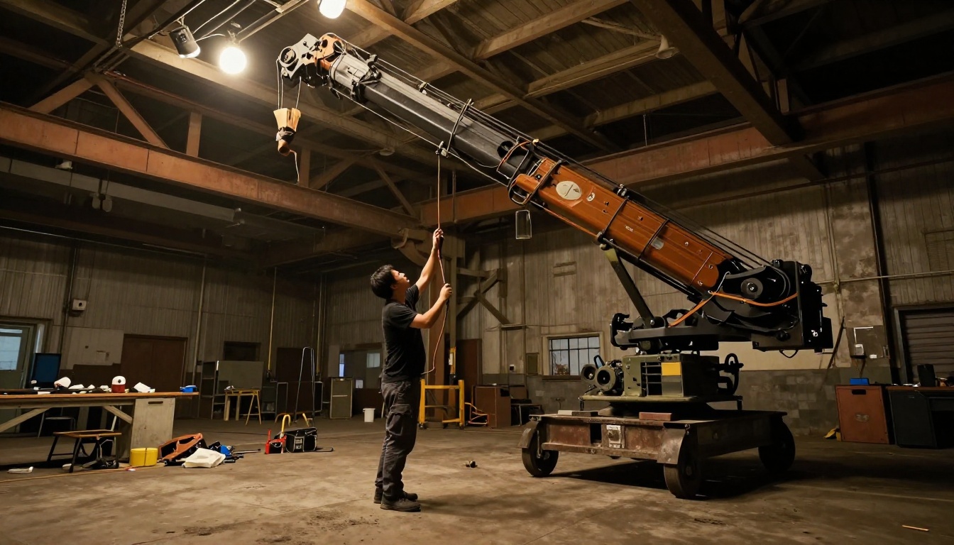 Cinematographer adjusting large camera crane arm on a gritty industrial film set Cinematographer adjusting large camera crane arm on a gritty industrial film set