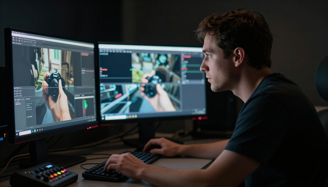 Video editor in dark editing suite illuminated by two monitors showing AI-generated video comparison Video editor in dark editing suite illuminated by two monitors showing AI-generated video comparison