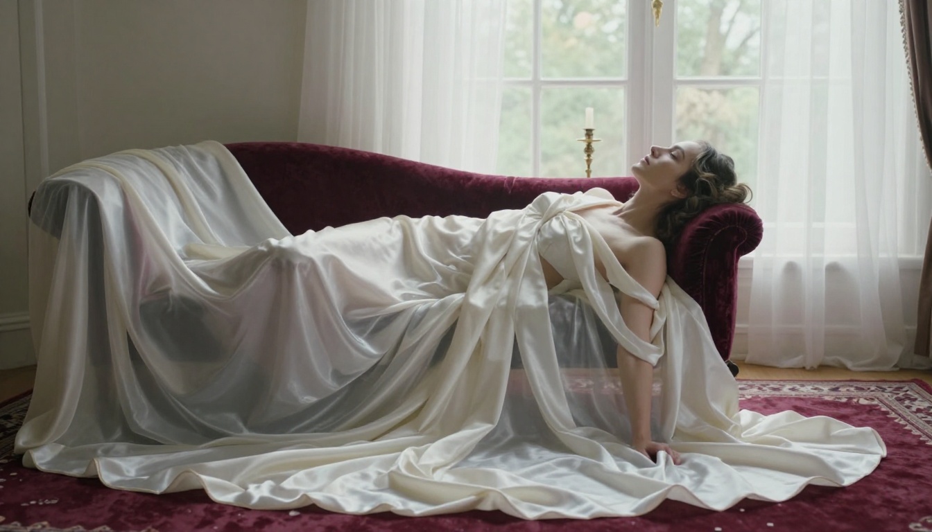 Artistic boudoir editorial, woman draped in ivory silk organza on velvet chaise lounge, arched window light
