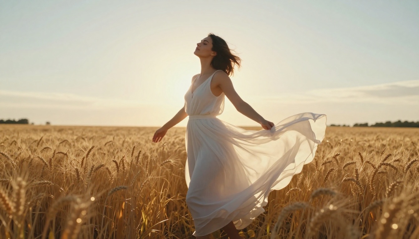 Woman in flowing translucent white dress in golden wheat field, backlit by setting sun