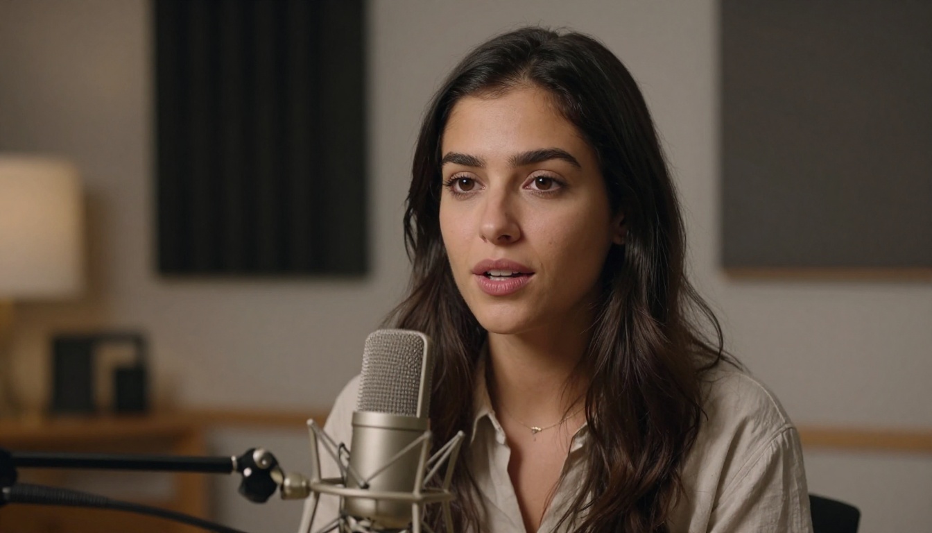 A confident woman speaking at a professional podcast microphone in a home recording studio A confident woman speaking at a professional podcast microphone in a home recording studio