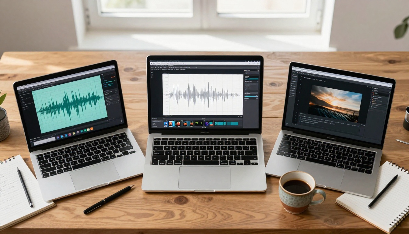 Overhead view of two laptops side by side comparing different AI video generation interfaces Overhead view of two laptops side by side comparing different AI video generation interfaces