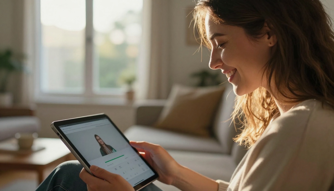 A satisfied woman smiling while watching a completed video on her tablet in warm natural light A satisfied woman smiling while watching a completed video on her tablet in warm natural light