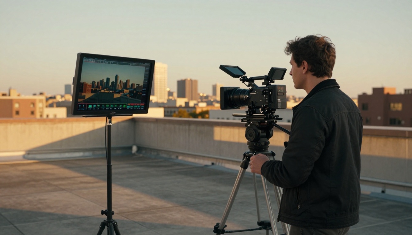 Film director and camera operator reviewing footage on a rooftop at golden hour Film director and camera operator reviewing footage on a rooftop at golden hour