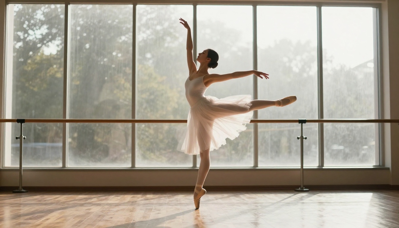 Female ballet dancer in a dramatic mid-leap captured in a sunlit studio Female ballet dancer in a dramatic mid-leap captured in a sunlit studio