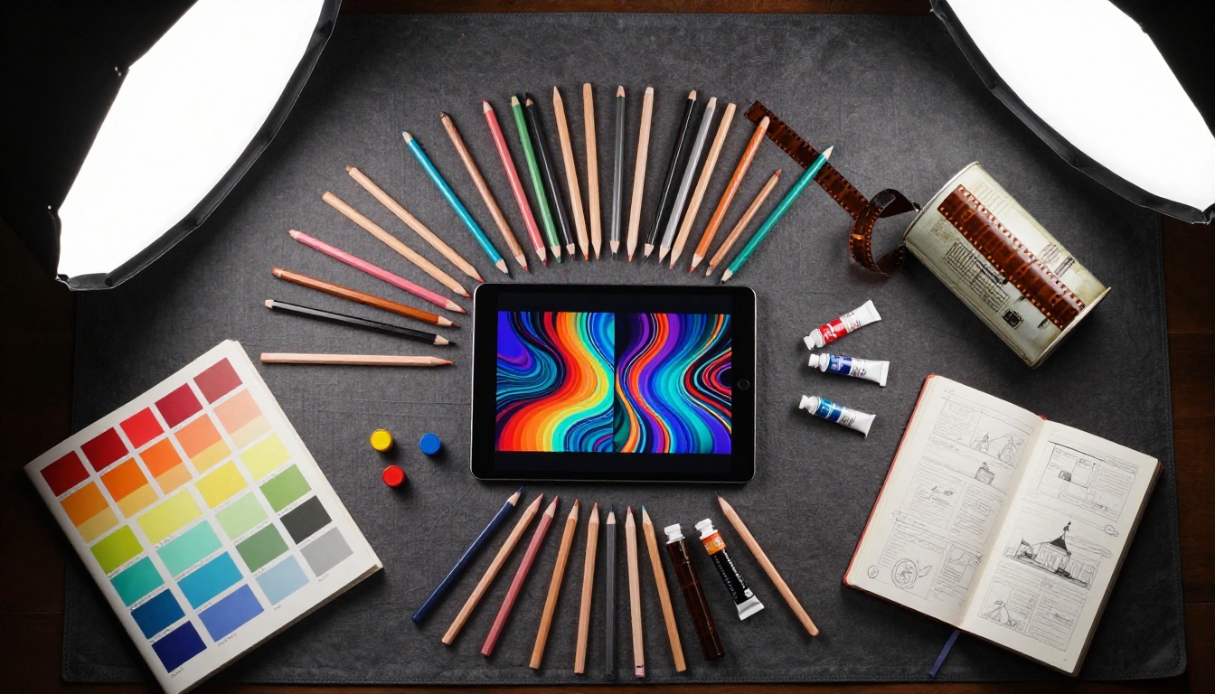 Creative workspace flatlay with storyboard notebook, film materials, and color palettes Creative workspace flatlay with storyboard notebook, film materials, and color palettes