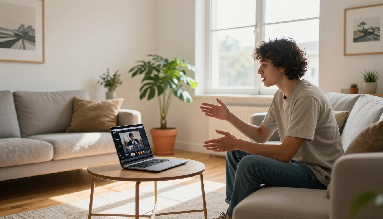 Content creator using AI video generation on a laptop in a modern apartment Content creator using AI video generation on a laptop in a modern apartment