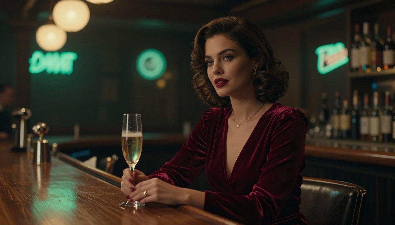 Woman in red velvet dress at luxury jazz bar with warm amber lighting Woman in red velvet dress at luxury jazz bar with warm amber lighting