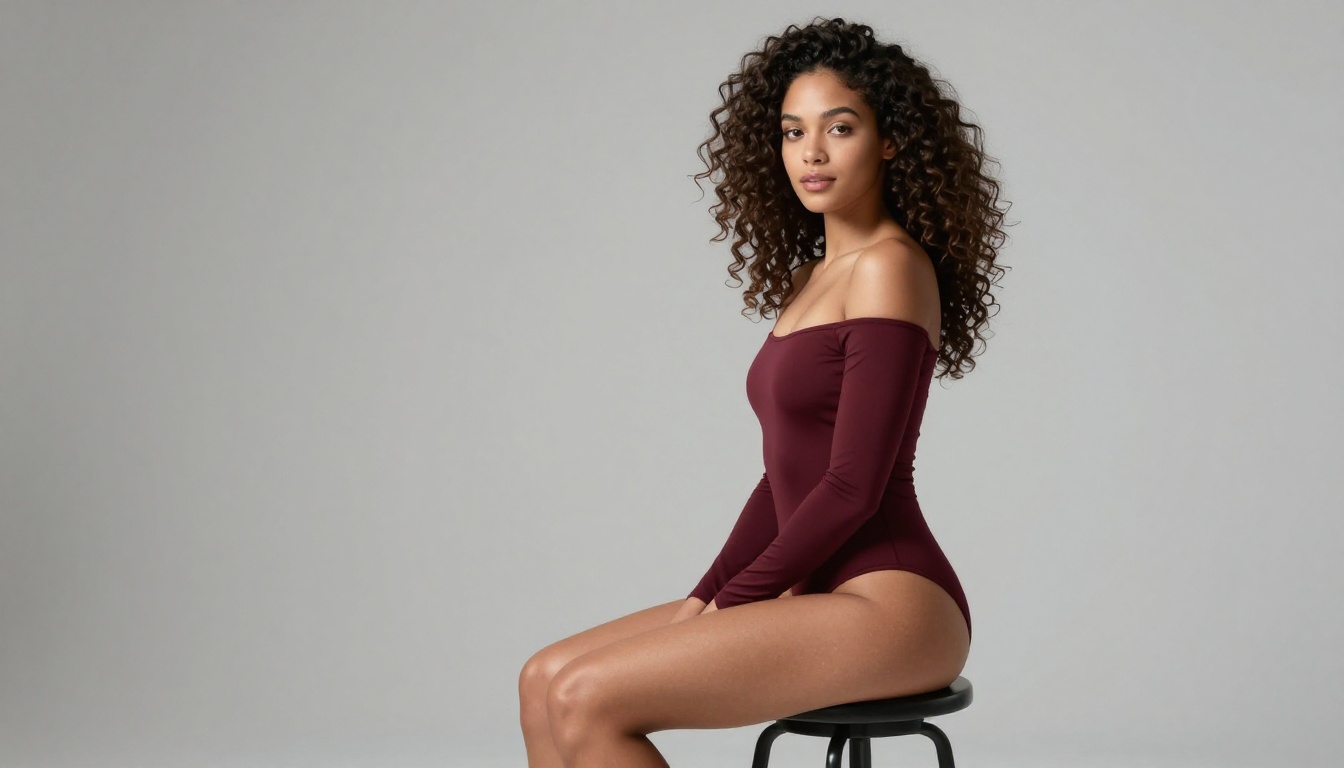 Studio beauty portrait of woman with curly hair in burgundy off-shoulder bodysuit Studio beauty portrait of woman with curly hair in burgundy off-shoulder bodysuit