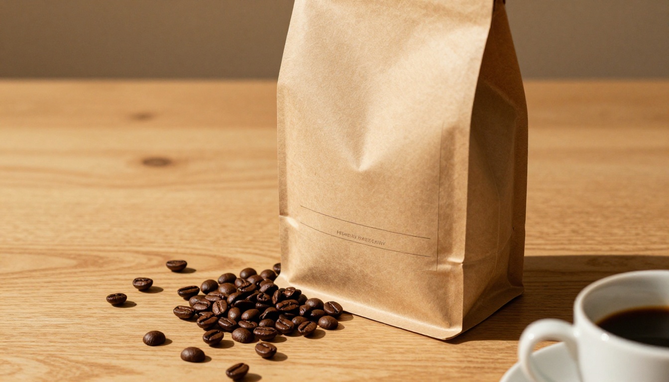 Premium specialty coffee bag with scattered coffee beans on warm wooden surface Premium specialty coffee bag with scattered coffee beans on warm wooden surface