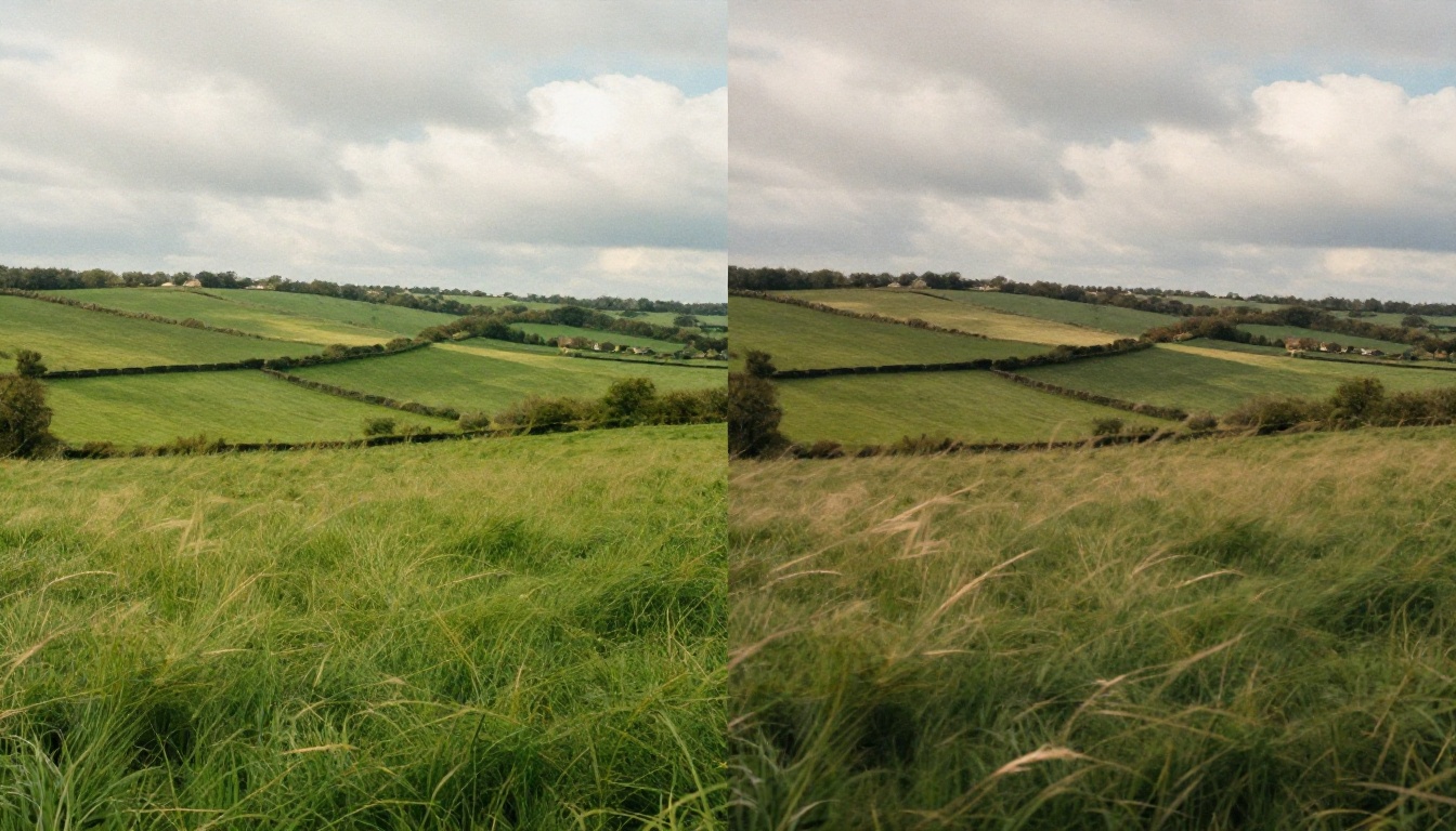 A side-by-side visual study showing a still landscape on the left and the same scene mid-animation on the right