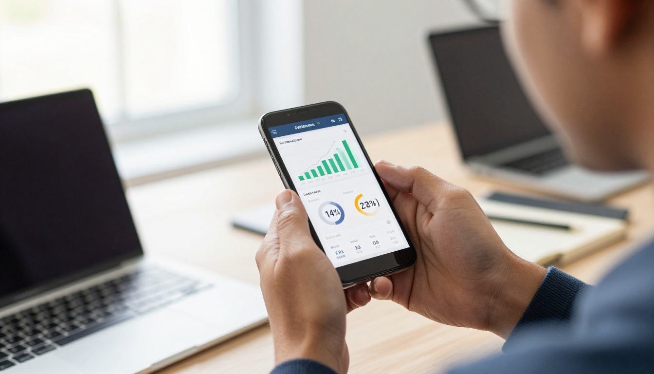 Marketer reviewing video ad performance metrics on smartphone in modern office Marketer reviewing video ad performance metrics on smartphone in modern office