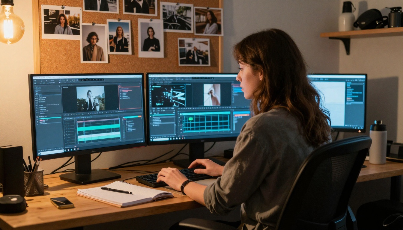 A woman at a creative studio workstation managing a professional content production setup