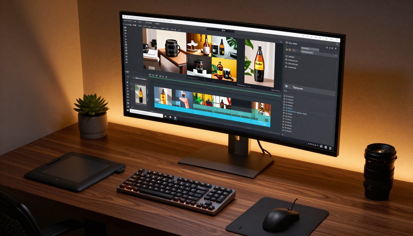 Content creation workspace with ultrawide monitor showing video editing timeline and product ad clips Content creation workspace with ultrawide monitor showing video editing timeline and product ad clips