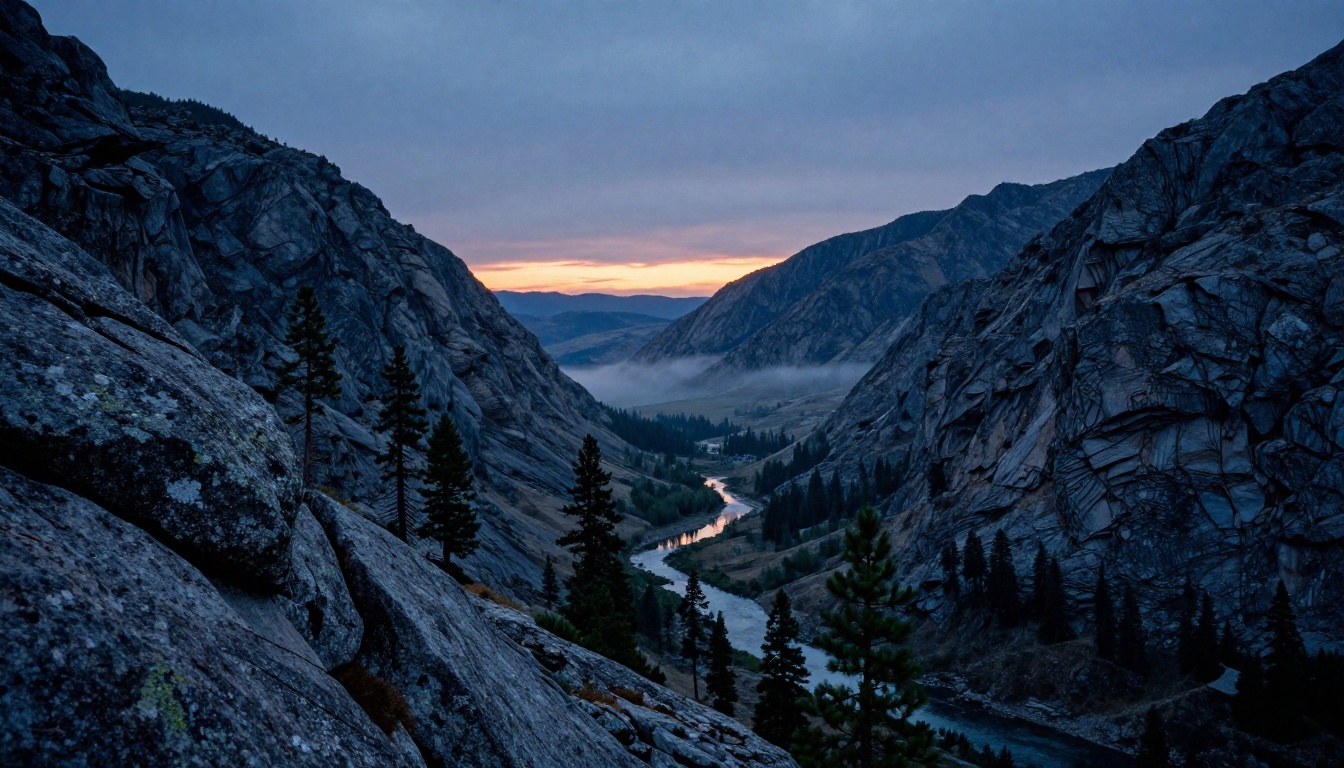 A wide mountain valley at blue hour, a still landscape that carries enormous motion potential once animated